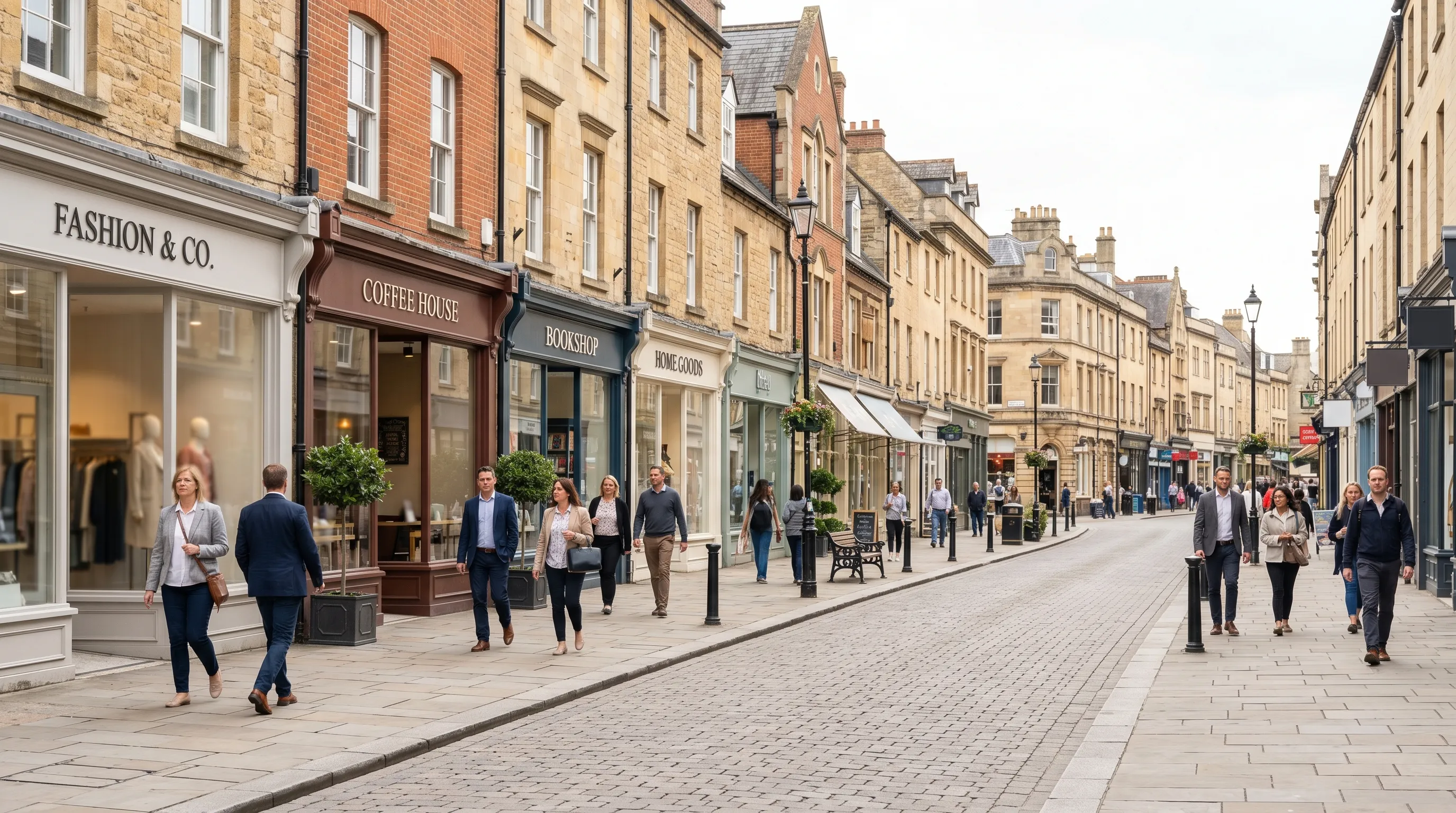 Busy UK retail high street with active storefronts